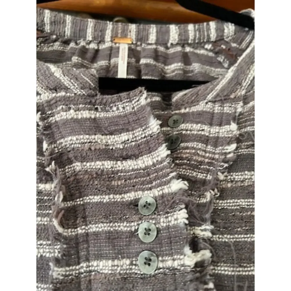 Free People Striped Tweed Hideaway Henley Top Boho Oversized Long Sleeve SZ S - Picture 6 of 13